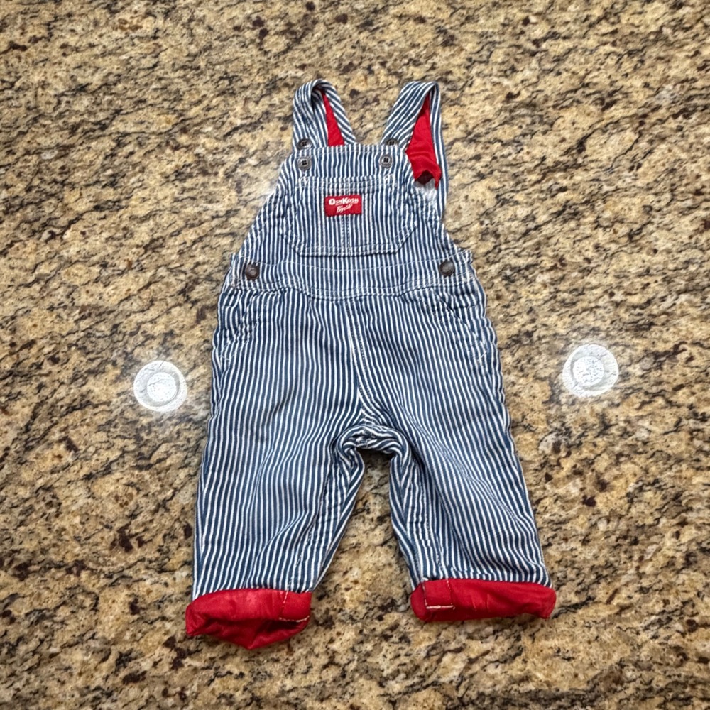 OshKosh Bgosh Baby Boys Blue White Hickory Stripe Red Lined Overalls 6M v